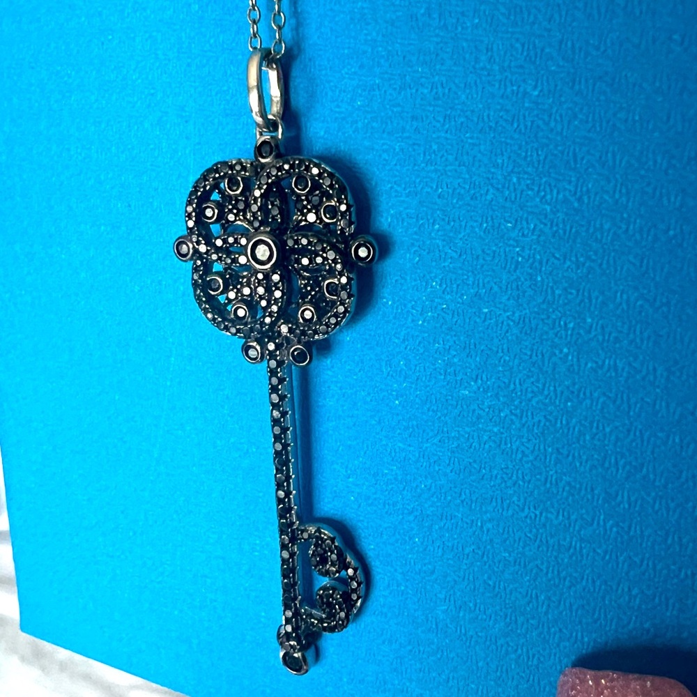 Sterling Silver Black Spinel Key Pendent with Chain
